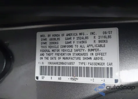 2008 Acura Tl 3.2 from USA, damaged, VIN 19UUA66298A014657